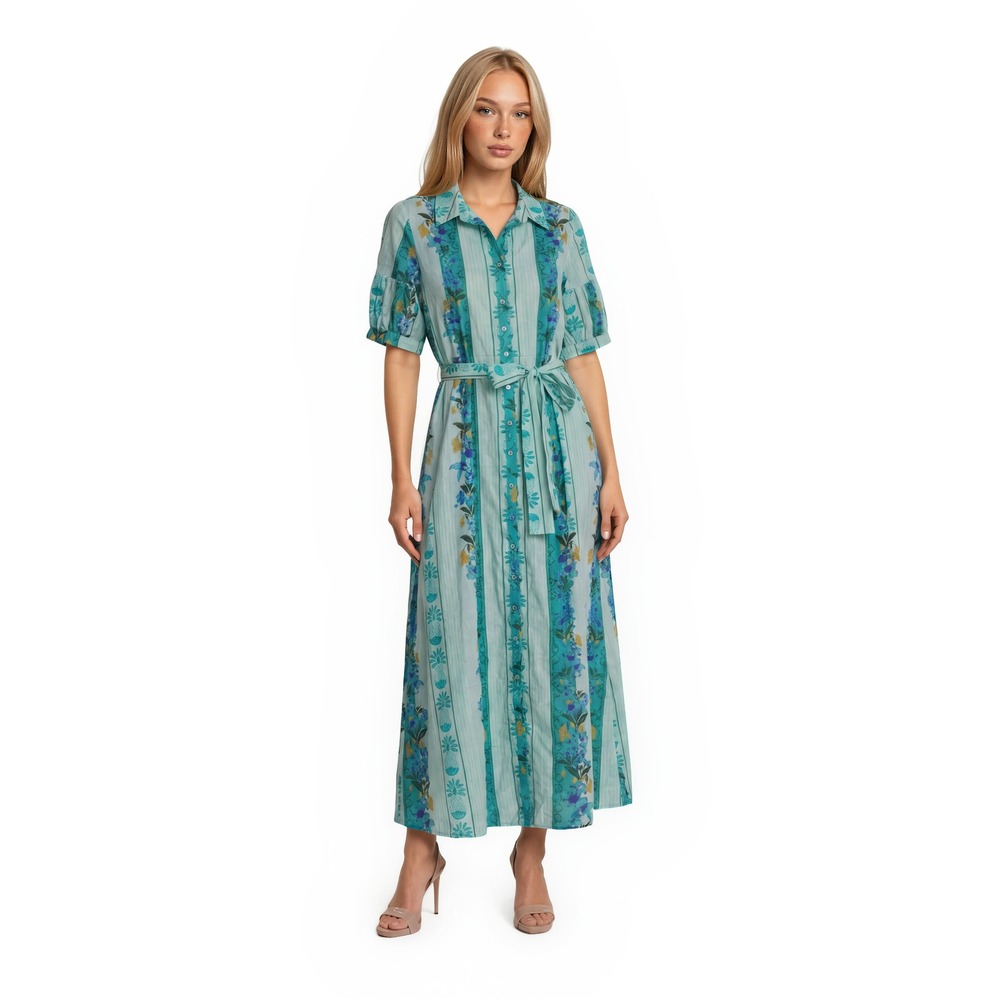 NWT Celina Moon 100% Cotton Maxi Shirt Dress Women's Size XL Blue Green